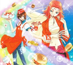 Rule 34 | 00s, 1boy, 1girl, absurdres, banchou, bousouzoku, burger, clothes writing, coat, code geass, delinquent, drinking straw, employee uniform, fast food uniform, food, french fries, gakuran, highres, hot dog, kimura takahiro, kouzuki kallen, lelouch vi britannia, midriff, ookouchi ricca, open clothes, open shirt, sarashi, scan, school uniform, serafuku, shirt, sparkle, tokkoufuku