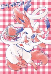 :3 bib blue_eyes blush burger commentary_request food full_body gen_6_pokemon highres ketchup nintendo no_humans one_eye_closed plaid_background pokemon pokemon_(creature) remedy_matome sylveon tongue tongue_out
