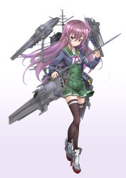 Rule 34 | 1girl, adapted costume, blue jacket, breasts, brown hair, brown thighhighs, cannon, crescent, crescent pin, full body, gradient background, green sailor collar, green skirt, grey background, gundam, gundam tekketsu no orphans, gundam vidar, hair between eyes, hair ornament, highres, holding, holding sword, holding weapon, jacket, kantai collection, kisaragi (kancolle), long hair, long sleeves, looking at viewer, machinery, minosu, neck ribbon, original remodel (kantai collection), pink ribbon, purple eyes, rapier, ribbon, sailor collar, school uniform, serafuku, shield, ship turret, simple background, skirt, small breasts, solo, sword, thighhighs, torpedo launcher, weapon, white background
