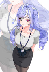 1girl :d absurdres black_skirt braid collarbone cowboy_shot drill_hair drill_sidelocks fang grey_shirt highres lanyard long_hair maxwelzy mole mole_under_eye open_mouth pantyhose pencil_skirt purple_hair red_eyes shirt short_sleeves sidelocks skin_fang skirt smile standing thighs very_long_hair vivian_banshee zenless_zone_zero zoom_layer