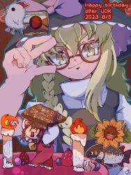 2girls ascot bird birthday_cake black_hair black_hat black_vest blonde_hair braid brown_background cake candle candy chicken chocolate chocolate_bar closed_mouth commentary_request cookie_(touhou) dated dress fire fish flower food frilled_hat frills glasses hakurei_reimu happy_birthday hat kirisame_marisa long_hair looking_at_viewer mini_person minigirl multiple_girls open_mouth painting_(object) red-framed_eyewear red_dress sakenomi_(cookie) shaberu_hoppeta shirt side_braid single_braid smile sunflower the_chicken_that_appears_in_the_middle_of_cookie touhou turtleneck turtleneck_shirt upper_body uzuki_(cookie) v-shaped_eyebrows vest white_shirt witch_hat yellow_ascot yellow_eyes yellow_flower