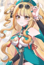 Rule 34 | 1girl, absurdres, adjusting eyewear, afterimage, bare shoulders, bell, blonde hair, breasts, chinese clothes, commentary, detached sleeves, dress, eyewear on head, glasses, green dress, green hat, grin, hair bell, hair ornament, hat, highres, honkai (series), honkai impact 3rd, korean commentary, large breasts, long hair, multicolored hair, nail polish, official alternate costume, orange hair, pince-nez, red nails, smile, solo, songque, songque (jovial deception: shadowdimmer), streaked hair, sunglasses, tassel, thumb ring, two side up, upper body, very long hair, yellow eyes, yoonsa, zoom layer