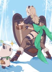 Rule 34 | 1girl, amatsuna sasaha, animal ears, back bow, black boots, black shirt, blonde hair, blue sky, blush, boots, botan (oacdrykafjf3g3d), bow, brown thighhighs, clear sky, commentary request, fishnet thighhighs, fishnets, full body, green bow, highres, holding, holding shield, long hair, looking at viewer, looking back, nanashi inc., open mouth, panda, panda ears, panda girl, puffy short sleeves, puffy sleeves, shield, shirt, short sleeves, sky, snow, solo, thighhighs, tree, virtual youtuber, winter