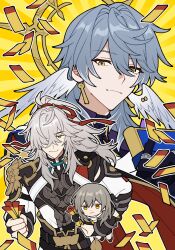 1girl 2boys :3 armor black_cape blue_pupils book brown_hair cape carrying carrying_person carrying_under_arm commentary cropped_torso earrings emphasis_lines english_commentary grey_hair hair_ribbon halo head_wings high_ponytail highres holding holding_book holding_ticket honkai:_star_rail honkai_(series) jewelry jing_yuan mini_person minigirl mole mole_under_eye multiple_boys outline piercing ponytail red_cape red_ribbon ribbon serious shirt sidelocks sos13825406402 star_rail_special_pass_(honkai:_star_rail) stelle_(honkai:_star_rail) sunday_(honkai:_star_rail) ticket trailblazer_(honkai:_star_rail) two-sided_cape two-sided_fabric upper_body white_shirt wing_piercing wings yellow_background yellow_eyes