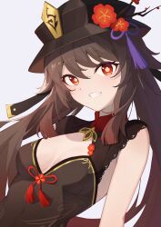 Rule 34 | 1girl, absurdres, adapted costume, bare shoulders, black dress, black headwear, breasts, brown hair, china dress, chinese clothes, cleavage, commentary request, dress, genshin impact, grey background, grin, highres, hu tao (genshin impact), long hair, looking at viewer, qi di xiong, red eyes, simple background, sleeveless, sleeveless dress, small breasts, smile, solo, twintails, upper body, very long hair