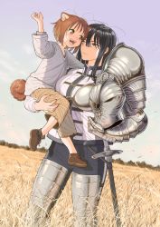 1boy 1girl :d age_difference animal_ears armor armored_boots black_hair bob_cut boots brown_eyes brown_footwear brown_hair capri_pants carrying carrying_person child day dog_boy dog_ears dog_tail fangs fantasy female_knight field green_eyes heads_together unworn_headwear helmet unworn_helmet highres knight noah_(onna_kishi_to_kemonomimi_no_ko) notched_ear olivia_(onna_kishi_to_kemomimi_no_ko) one_eye_closed onee-shota onna_kishi_to_kemomimi_no_ko open_mouth original outdoors pants pauldrons sheath sheathed shoes shoulder_armor single_pauldron sky smile sword tail thigh_boots tunic turbo_engine_(rakugaki_tabo) weapon white_tunic