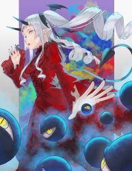 Rule 34 | 1girl, abstract background, absurdres, black horns, black ribbon, black wings, blue eyes, border, buttons, collar, collared dress, commentary request, demon girl, demon wings, dress, drill hair, eyeball, fangs, feet out of frame, fog, frilled collar, frilled dress, frilled sleeves, frills, gradient border, grey hair, hair over shoulder, head wings, highres, horns, ito yoshi, juliet sleeves, layered dress, long hair, long sidelocks, long sleeves, looking at viewer, mole, mole under eye, multicolored eyes, neck ribbon, open mouth, original, outside border, pointy ears, puffy sleeves, red dress, ribbon, sidelocks, sideways glance, solo, standing, teeth, twin drills, upper teeth only, wide sleeves, wings, yellow eyes