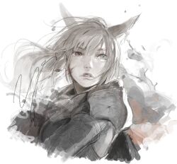 1girl animal_ears armor blue_eyes brown_eyes hair_flowing_over heterochromia highres looking_at_viewer original painterly portrait signature slit_pupils solo watercolor_effect white_background white_hair wolf_ears yoimon