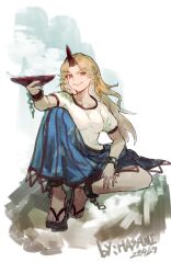 1girl absurdres alcohol blonde_hair blue_skirt breasts cuffs cup geta highres horns hoshiguma_yuugi hua_ha_jiazi in_container large_breasts oni red_eyes red_horns sakazuki sake shackles shirt simple_background single_horn skirt smile striped_clothes striped_skirt touhou white_shirt