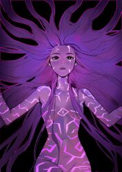 1girl absurdres alternate_hairstyle black_background body_markings breasts glowing glowing_eye glowing_markings hair_down hair_over_breasts heterochromia highres kpop_demon_hunters long_hair looking_at_viewer navel outstretched_arms purple_hair rumi_(kpop_demon_hunters) small_breasts solo stomach very_long_hair vvvimint