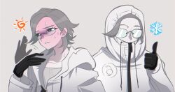 aotsuki_eito black_gloves blue_eyes blush closed_mouth cold collarbone drawstring fanning_self glasses gloves grey_background grey_hair hand_up hood hood_down hood_up hoodie hot jacket male_focus multiple_views open_clothes open_jacket open_mouth pale_skin parted_hair shirt simple_background solo solo_focus sweat sweatdrop the_hundred_line_-last_defense_academy- thumbs_up white_hoodie white_jacket white_shirt zipper zipper_pull_tab