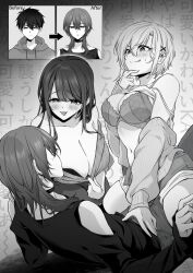 1boy 2girls :q absurdres arrow_(symbol) bad_source blush bra breasts character_request childhood_friend-chan_(pensis_x) choker clothes_pull collarbone crossdressing girl_on_top greyscale hair_between_eyes highres long_hair long_sleeves monochrome multiple_girls navel onee-san_(pensis_x) open_mouth original pensis_x shirt_pull short_hair shorts strap_slip sweat tongue tongue_out trap underwear