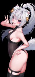 1girl absurdres animal_ear_fluff animal_ears ass bell black_background black_leotard black_thighhighs blush breasts commission covered_navel eyelashes filian_(vtuber) hair_bell hair_ornament hair_ribbon hand_on_own_hip highres himeliofon indie_virtual_youtuber leotard long_hair medium_breasts open_mouth ponytail purple_ribbon ribbon skindentation solo tail thighhighs thighs v virtual_youtuber white_hair