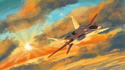 absurdres ace_combat ace_combat_2 aircraft airplane blue_sky cloud commentary english_commentary fighter_jet highres military_vehicle no_humans orange_clouds orange_sky shinji_(shinjisq) sky sunset vehicle_focus xfa-27