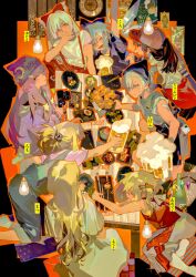 6+girls alternate_costume alternate_hairstyle apron aqua_hair bandaid bandaid_on_arm baseball_cap bear_hair_ornament beer_mug bespectacled between_fingers black_apron black_hair black_headscarf blonde_hair blue_bow blue_overalls blunt_bangs bow camera cellphone chopsticks cigarette cirno clock closed_mouth commentary cup english_commentary fang flandre_scarlet fujiwara_no_mokou glasses hair_bow hair_ornament hakurei_reimu hat headscarf highres holding holding_camera holding_cigarette holding_cup holding_plate kirisame_marisa konpaku_youmu light_bulb long_hair long_sleeves mini-hakkero mug multiple_girls open_mouth overalls pants patchouli_knowledge phone plate ponytail purple_eyes purple_hair purple_hat red_bow red_pants rei_(sanbonzakura) shirt short_hair short_sleeves skewer smartphone smoking star_(symbol) star_hair_ornament suspenders t-shirt table tamaonsen touhou translation_request v-shaped_eyebrows white_hair white_hat white_shirt wings yakumo_yukari