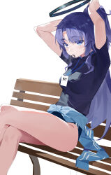1girl absurdres arms_up bench black_buruma black_halo black_shirt blue_archive blue_eyes blue_jacket blush breasts buruma chinese_commentary clothes_around_waist commentary_request crossed_legs eyes_visible_through_hair fanshuimucishen feet_out_of_frame gym_uniform hair_tie hair_tie_in_mouth halo high_ponytail highres id_card jacket jacket_around_waist long_hair looking_at_viewer mechanical_halo medium_breasts millennium_science_school_logo mouth_hold official_alternate_costume official_alternate_hairstyle on_bench parted_bangs ponytail purple_hair purple_pupils shirt short_sleeves sidelocks simple_background sitting solo t-shirt track_jacket tying_hair white_background yuuka_(blue_archive) yuuka_(track)_(blue_archive)
