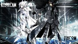2boys black_hair coat commentary creature_and_personification gen_5_pokemon legendary_pokemon long_hair male_focus multiple_boys nintendo personification photoshop_(medium) pokemon pokemon_(creature) reshiram starshadowmagician sunglasses white_hair yara_kami_meiosei zekrom