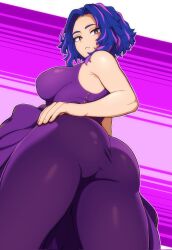 1girl armpit_crease ass bare_shoulders boku_no_hero_academia breasts dress evoltodraw hand_on_own_hip highres lady_nagant large_breasts looking_at_viewer looking_back multicolored_hair pink_hair purple_dress purple_eyes purple_hair short_hair sleeveless_turtleneck_dress streaked_hair thick_thighs thighs two-tone_hair wide_hips