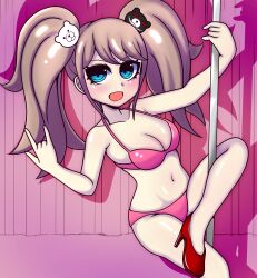 1girl \m/ bear_hair_ornament blonde_hair blue_eyes bra breasts cleavage danganronpa:_trigger_happy_havoc danganronpa_(series) enoshima_junko female_focus hair_ornament high_heels long_hair looking_at_viewer navel open_mouth panties pink_background pink_bra pink_panties pole pole_dancing simple_background solo solo_focus stripper_pole twintails underwear