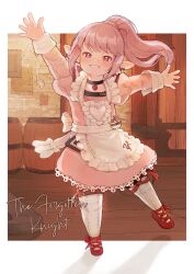 1girl apron arm_up back_bow barrel black_choker blush border bow brick_wall choker commentary_request door dot_nose dress ear_flower english_text final_fantasy final_fantasy_xiv floating_hair flower footwear_bow frilled_apron frilled_dress frills full_body grin heart heart_apron heart_choker high_ponytail highres juliet_sleeves lalafell leg_ribbon location_name long_hair long_sleeves looking_at_viewer mugi_kosuta open_hands outside_border outstretched_arms pink_dress pink_eyes pink_hair pointy_ears ponytail puffy_sleeves red_bow red_ribbon red_shoes ribbon shoes sidelocks smile socks solo standing standing_on_one_leg stopwatch tataru_taru tavern teeth thigh_strap watch white_apron white_border white_bow white_flower white_socks wooden_door wooden_floor