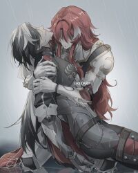 2boys absurdres ahoge argenti_(honkai:_star_rail) armor belt black_hair black_jacket black_pants blood blood_from_mouth blue_blood boothill_(honkai:_star_rail) breastplate brown_belt cape chain closed_mouth commentary cropped_jacket crying cuisses cyborg death english_commentary gauntlets hair_between_eyes hair_intakes highres honkai:_star_rail honkai_(series) hug jacket kneeling leg_armor long_hair luciidkatt male_focus multicolored_hair multiple_boys overcast pants parted_bangs parted_lips pauldrons rain red_cape red_hair short_sleeves shoulder_armor sidelocks sitting sky streaked_hair tears thigh_strap vambraces very_long_hair wet wet_hair white_hair