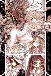 5girls ahoge angel angel_wings asymmetrical_wings aya_carmine bird body_horror book breasts closed_eyes completely_nude cross crow crown_of_thorns crying crying_with_eyes_open doll_joints english_text expressionless flower_wings french_text full_body glasses greyscale habit hair_ornament hairclip halo head_rest highres holding holding_book holding_cross interlocked_fingers joints leaf_wings long_hair medium_breasts meguro_miyuki millipen_(medium) mismatched_wings monochrome multiple_girls nude nun own_hands_together parted_lips pen_(medium) plant_wings praying sayonara_wo_oshiete short_hair snake sugamo_mutsuki takada_nozomi tamachi_mahiru tears tendril tentacles traditional_media ueno_koyori very_long_hair wavy_hair wings