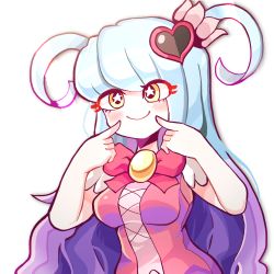 1girl blue_hair closed_mouth colored_skin dice_coffeedox fingers_to_cheeks hair_ornament heart heart_hair_ornament highres light_blue_hair lobotomy_corporation long_hair magical_girl no_nose pink_ribbon project_moon queen_of_hatred ribbon smile solo star-shaped_pupils star_(symbol) symbol-shaped_pupils white_background white_skin