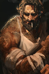 Rule 34 | 1boy, bandages, bara, beard, biceps, black hair, facial hair, full beard, hand hair, male focus, mature male, muscular, muscular male, old, old man, original, ououou (xouxouou), short hair, smoke, smoking, solo, tank top, thick arm hair, thick back hair, thick beard, thick chest hair, thick eyebrows, upper body, very hairy, white tank top, wrinkled skin
