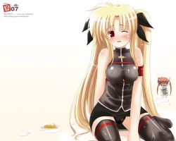 Rule 34 | 00s, 2girls, arm belt, bardiche (nanoha), bardiche (standby form) (nanoha), blonde hair, blush, fate testarossa, long hair, lyrical nanoha, magical girl, mahou shoujo lyrical nanoha, mahou shoujo lyrical nanoha a&#039;s, mahou shoujo lyrical nanoha strikers, multiple girls, one eye closed, red eyes, red hair, see-through clothes, takamachi nanoha, thighhighs, twintails, very long hair, watermark, web address, wet, white devil
