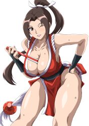 1girl absurdres between_breasts breasts brown_eyes brown_hair capcom cleavage collarbone fatal_fury female_focus folding_fan gloves hand_fan hand_on_own_hip high_ponytail highres japanese_clothes leaning_forward long_hair matching_hair/eyes obi one_eye_closed paid_reward_available pelvic_curtain ponytail revealing_clothes safety_kaijo sash shiranui_mai sidelocks simple_background smile snk solo standing street_fighter street_fighter_6 sweat teeth the_king_of_fighters thighs very_long_hair white_background wide_hips wink