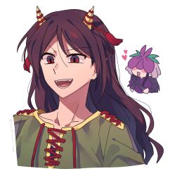2girls :d black_gloves black_hair blush brown_hair collarbone cropped_torso dress fangs flower flower_on_head gloves green_shirt hashtag-only_commentary heart horn_ornament horn_ribbon horns lobelia_(flower) long_hair multiple_girls nippaku_zanmu open_mouth pointy_ears puffy_short_sleeves puffy_sleeves purple_dress re_ghotion red_eyes red_ribbon ribbon shirt short_sleeves sidelocks simple_background smile touhou white_background yomotsu_hisami