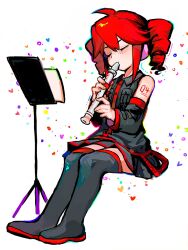1girl ahoge bare_shoulders black_boots black_shirt black_skirt black_sleeves boots breast_pocket closed_eyes commentary detached_sleeves drill_hair flute headphones highres instrument invisible_chair kasane_teto kasane_teto_(utau) miniskirt music_stand playing_flute playing_instrument pleated_skirt pocket red_hair shirt short_hair shoulder_tattoo sitting skirt sleeveless sleeveless_shirt solo symbol-only_commentary tanglaoban1225 tattoo thigh_boots thighhighs twin_drills utau white_background zettai_ryouiki