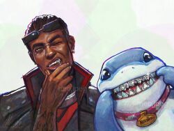 1boy black_hair blade_(marvel) blade_(series) dark-skinned_male dark_skin jeff_(marvel) looking_at_viewer marvel marvel_rivals neo_jpeg open_mouth shark sharp_teeth smile superhero_costume teeth vampire