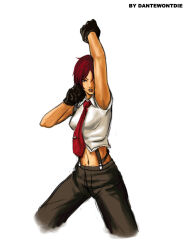 1girl arm_up breasts dantewontdie formal_clothes gloves leather medium_breasts one_eye_covered pants red_eyes red_hair shirt short_hair sleeveless standing suspenders the_king_of_fighters vanessa_(kof) white_shirt