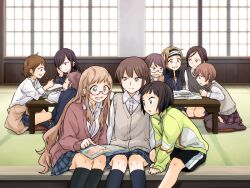 6+girls ano_fuji ariu_aki black_shorts black_socks black_thighhighs blonde_hair blue_skirt book brown_hair closed_mouth collarbone earclip futano_sasa game_cg green_jacket hair_over_one_eye hairband holding holding_pen ichiki_umi indoors jacket kneehighs koba_youka komano_hina licking_lips long_hair maki_seina miyama_nena multiple_girls non-web_source okujou_no_yurirei-san open_mouth pe88y_(yu_tsugirls) pen plaid_clothes plaid_skirt pleated_skirt purple_hair red-framed_eyewear school_uniform seiza semi-rimless_eyewear shirt short_hair short_twintails shorts shouting sitting skirt sleeping smile socks thighhighs tongue tongue_out toomi_yuna tsurugimine_kiri twintails under-rim_eyewear white_shirt