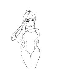 1girl arm_under_breasts artist_request breasts character_request hand_on_own_hip highres legs long_hair looking_at_viewer looking_to_the_side monochrome one-piece_swimsuit ponytail smile solo source_request swimsuit thighs