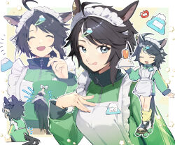 1girl :q ^_^ ahoge alternate_costume animal_ears apron black_hair blush bow chibi chibi_inset closed_eyes clothing_cutout commentary earclip enmaided facing_viewer fingernails food fuji_kiseki_(umamusume) full_body green_jacket hair_ornament hairclip hand_up holding holding_plate horse_ears horse_girl horse_tail jacket jersey_maid long_sleeves looking_at_viewer lower_body maid maid_headdress michia_(bourgognepony) miniskirt multicolored_hair multiple_views name_tag outstretched_arm parted_bangs plate roller_skates sitting skates skating skirt sleeves_past_wrists smile standing tail tail_through_clothes tongue tongue_out track_jacket two-tone_hair umamusume unconventional_maid upper_body waitress white_apron white_bow white_hair zipper zipper_pull_tab