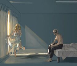 1boy 1girl bed bed_sheet bedroom black_pants blonde_hair cigarette curtains eyepatch franken_stein_(soul_eater) grey_hair happy hetero highres hissiu holding holding_cigarette indoors light_smile long_hair marie_mjolnir naked_sheet object_through_head on_bed pants screw_in_head short_hair sitting smile smoke soul_eater standing topless_male window