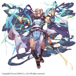 1boy armor beard copyright_notice electricity electrokinesis facial_hair full_body male_focus mature_male official_art othellonia sandals short_hair simple_background sleeveless so-taro solo white_background zeus_(othellonia)
