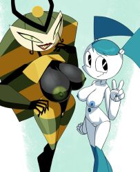 2girls android aqua_hair breasts colored_skin huge_breasts inker_comics jenny_wakeman joints large_breasts looking_at_viewer metal_skin multiple_girls my_life_as_a_teenage_robot nipples pussy queen_vexus robot robot_girl simple_background thighs twintails v wide_hips