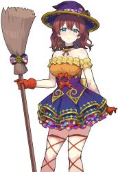 Rule 34 | 1girl, bare shoulders, blue eyes, blush, breasts, broom, choker, closed mouth, collarbone, earrings, emma verde, freckles, gloves, hat, holding, holding broom, jewelry, large breasts, love live!, love live! nijigasaki high school idol club, love live! school idol festival all stars, medium hair, orange gloves, purple hat, red hair, smile, solo, transparent background, waste-man, witch hat