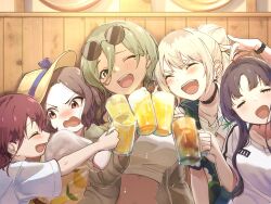 5girls ahoge awa_subaru ayataka_syumimi beer_mug black_choker black_hair blush brown_eyes brown_hair brown_hat choker closed_eyes commentary cup earrings ebizuka_tomo girls_band_cry glint grey_hair hair_between_eyes hair_intakes hat highres holding holding_cup iseri_nina jewelry kawaragi_momoka long_hair long_hair_between_eyes low_twintails midriff mole mole_under_eye mug multicolored_hair multiple_girls open_mouth parted_bangs red_eyes roots_(hair) rupa_(girls_band_cry) shirt short_hair short_sleeves short_twintails symbol-only_commentary teeth togenashi_togeari twintails upper_teeth_only white_shirt