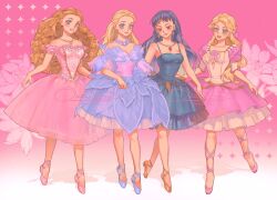 4girls :d artist_name ballet ballet_slippers barbie_(character) barbie_(franchise) barbie_in_the_12_dancing_princesses barbie_in_the_nutcracker barbie_of_swan_lake bare_shoulders black_hair blonde_hair blue_dress blue_eyes bow breasts brown_eyes brown_hair clara_(barbie) closed_mouth collarbone commentary dress earrings en_pointe english_commentary full_body genevieve_(barbie) hair_bow highres in-franchise_crossover jewelry lips long_hair looking_at_viewer multiple_girls odette_(barbie) odile_(barbie) off-shoulder_dress off_shoulder okitafuji open_mouth pendant pink_background pink_bow pink_dress short_dress short_sleeves signature smile spaghetti_strap standing standing_on_one_leg watermark