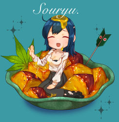 1girl ^_^ ahoge alternate_costume alternate_hairstyle arrow_(projectile) beige_sweater black_skirt blue_background blue_hair bowl breasts chaki_(teasets) character_name cleavage closed_eyes female_focus food full_body green_background hair_down hair_ornament hairclip in_food kantai_collection long_skirt mini_person minigirl open_mouth pantyhose potato ribbed_sweater sitting skirt smile solo souryuu_(kancolle) sparkle_background sweater torn_clothes torn_pantyhose torn_sweater
