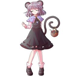 1girl alphes_(style) animal_ears arm_at_side arm_up basket black_dress blue_capelet capelet closed_eyes closed_mouth commentary_request dairi dress full_body grey_hair holding holding_with_tail jewelry large_variant_set long_sleeves mouse_(animal) mouse_ears mouse_tail nazrin necklace parody pendant prehensile_tail short_hair solo style_parody tachi-e tail touhou transparent_background variant_set