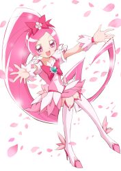 1girl :d aizawa_zawapo blush boots bottle bow brooch cherry_blossoms chest_bow choker collarbone commentary_request cure_blossom curly_sidelocks dress earrings falling_petals flower_dress flower_earrings frilled_cuffs frills full_body hair_bow hair_ornament hanasaki_tsubomi heart heart_brooch heartcatch_precure! high_heel_boots high_heels high_ponytail highres jewelry knee_boots knees_up long_hair looking_at_viewer magical_girl midair multicolored_boots multicolored_dress official_style open_hands open_mouth outstretched_arms parted_bangs partial_commentary perfume_bottle petals pink_boots pink_bow pink_choker pink_dress pink_eyes pink_petals pink_wrist_cuffs ponytail pouch precure puffy_short_sleeves puffy_sleeves short_dress short_sleeves simple_background smile solo spread_arms spread_fingers two-tone_boots two-tone_dress umakoshi_yoshihiko_(style) very_long_hair white_background white_boots white_dress wrist_cuffs