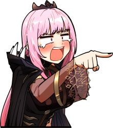 1girl blunt_bangs blush breasts crown ddolbang detached_sleeves hololive hololive_english long_hair mori_calliope open_mouth pink_hair pointing puffy_sleeves solo spiked_cape upper_body virtual_youtuber white_background