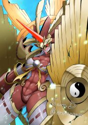 Rule 34 | 1girl, abs, absurdres, amaterasumon, bodysuit, breasts, claw (weapon), colored skin, digimoji, digimon, digimon (creature), gauntlets, grey hair, highres, horns, large breasts, lion head (ornament), long hair, muscular, muscular female, red bodysuit, red eyes, red skin, sawa d, simple background, single horn, solo, sun, weapon, yin yang
