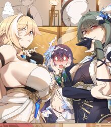 3girls arm_strap asymmetrical_clothes blonde_hair blue_eyes blush breasts cleavage_cutout closed_mouth clothing_cutout durandal_(honkai_impact) durandal_(palatinus_equinox)_(honkai_impact) embarrassed feather_hair_ornament feathers flower full-face_blush gloves green_hair hair_between_eyes hair_flower hair_ornament half_gloves head_steam highres honkai_(series) honkai_impact_3rd indoors jewelry large_breasts looking_at_viewer multicolored_hair multiple_girls navel open_mouth red_eyes saki_(remainaddd) seele_vollerei seele_vollerei_(herrscher_of_rebirth) shaded_face sideboob sidelocks skindentation smile streaked_hair vita_(honkai_impact) vita_(lone_planetfarer)_(honkai_impact) white_hair