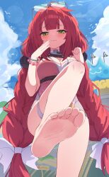 1girl barefoot bitseon breasts commentary_request eyewear_on_head feet foot_focus foot_out_of_frame green_eyes highres large_breasts long_hair one-piece_swimsuit red_hair soles solo swimsuit toes ukinami_yuzuha ukinami_yuzuha_(tanuki_in_broad_daylight) zenless_zone_zero
